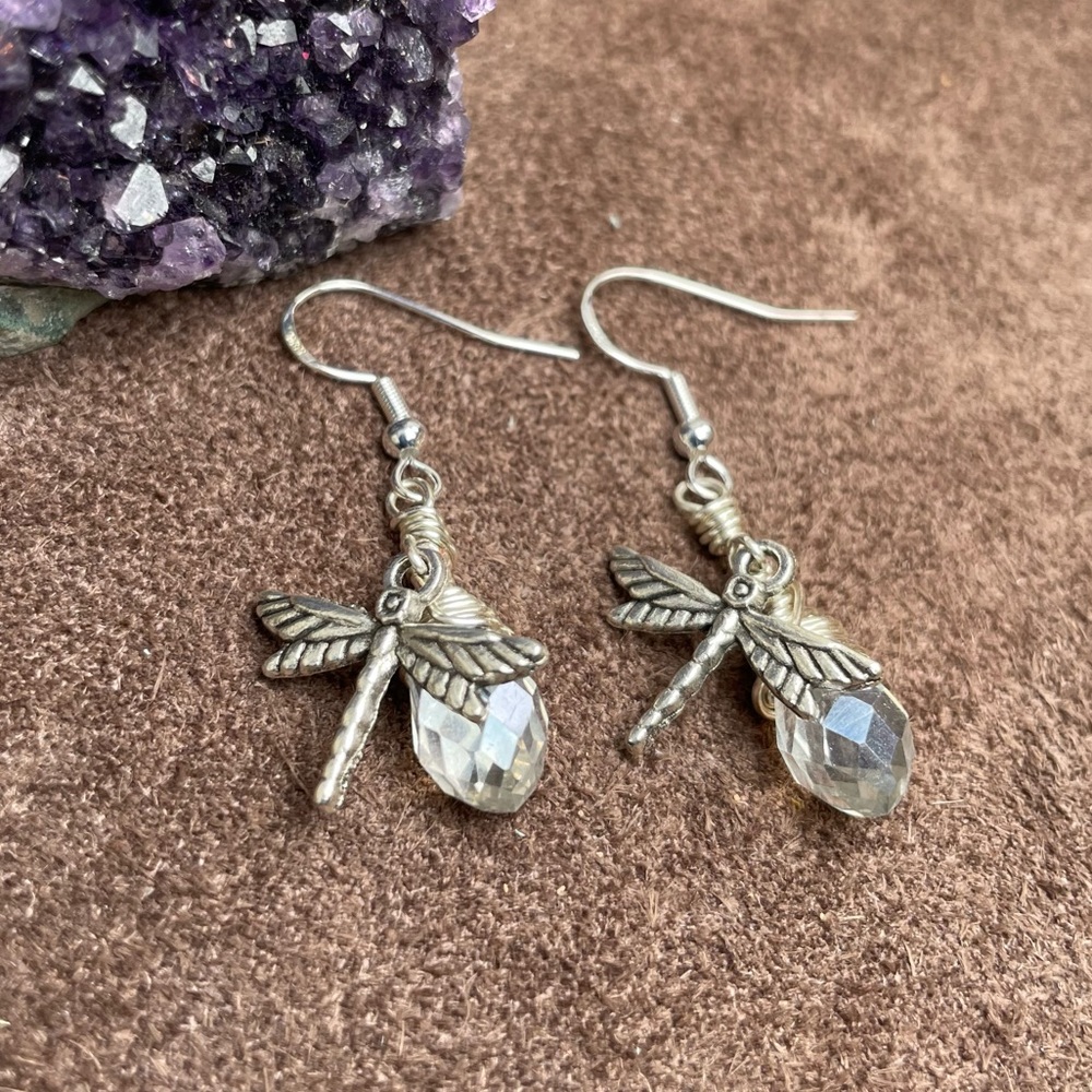 Handmade Silver Sparkling 
Crystal Dragonfly 
Earrings Boho Cottagecore - Picture 11 of 17